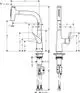 Hansgrohe Spültischmischer mit ausgezogenem Schlauch, zwei Strahlarten. Technische Zeichnung mit Maßen und Montagehinweisen.